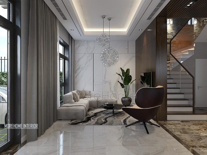 Bố trí nội thất phòng khách biệt thự đẹp tại Xuân Phương, Hà Nội. Thiết kế nội thất phòng khách biệt thự