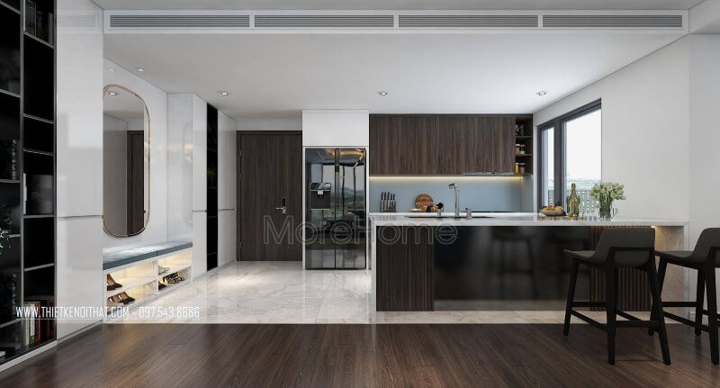 Thiết kế nội thất không gian phòng bếp đa năng với mẫu tủ bếp gỗ công nghiệp tinh tế. Tủ bếp gỗ công nghiệp