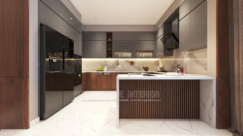 Tủ bếp gỗ acrylic đẹp sang trọng cho phòng bếp nhà phố, biệt thự hiện đại. Tủ bếp gỗ công nghiệp