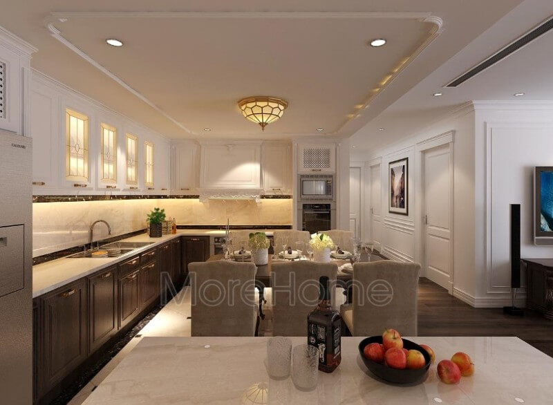 Thiết kế nội thất phòng bếp chung cư cao cấp phong cách tân cổ điển. Mẫu nội thất chung cư đẹp
