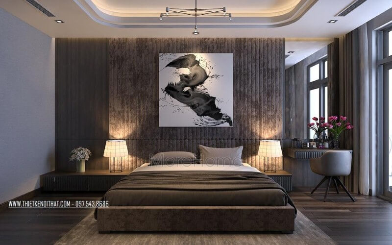 Tranh in canvas nghệ thuật tạo điểm nhấn độc đáo cho phòng ngủ master hiện đại. Thiết kế chung cư
