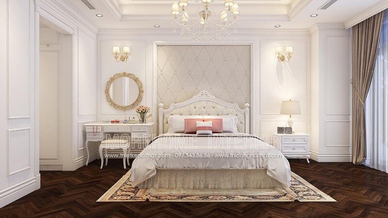 Giường ngủ gỗ tần bì phun sơn trắng cao cấp, phần đầu giường bọc nỉ nhập khẩu mang lại cho khu vực phòng ngủ bố mẹ vẻ đẹp tinh tế, sang trọng, kiêu sa mà cuốn hút của chúng luôn làm cho người ta phải say đắm.