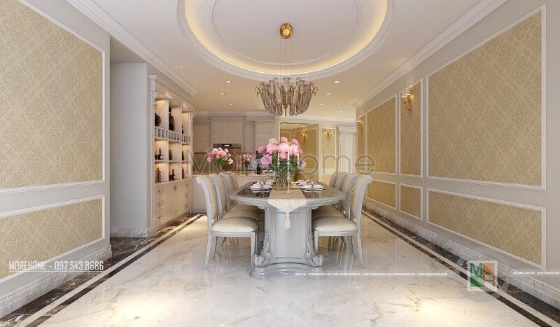 Lựa chọn lối thiết kế tân cổ điển tinh tế, tỉ mỉ, bàn ăn gỗ tự nhiên với những đường cong chạm trổ khéo léo để lại cho bất kì ai nhìn vào một không gian dùng bữa ấm áp mà đẳng cấp hơn cả