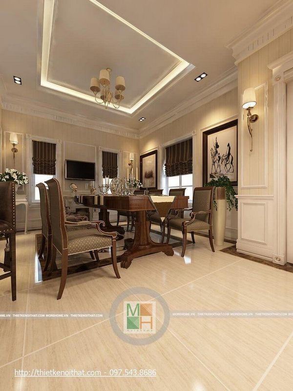 Mẫu bàn ăn 6 ghế, gỗ tự nhiên cao cấp với thiết kế tân cổ điển tạo không gian sang trọng cho phòng ăn