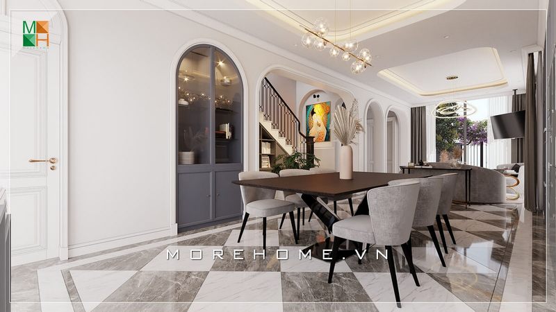Thiết kế nội thất phòng ăn mang phong cách tân cổ điển nhưng đơn giản thanh lịch cho biệt thự