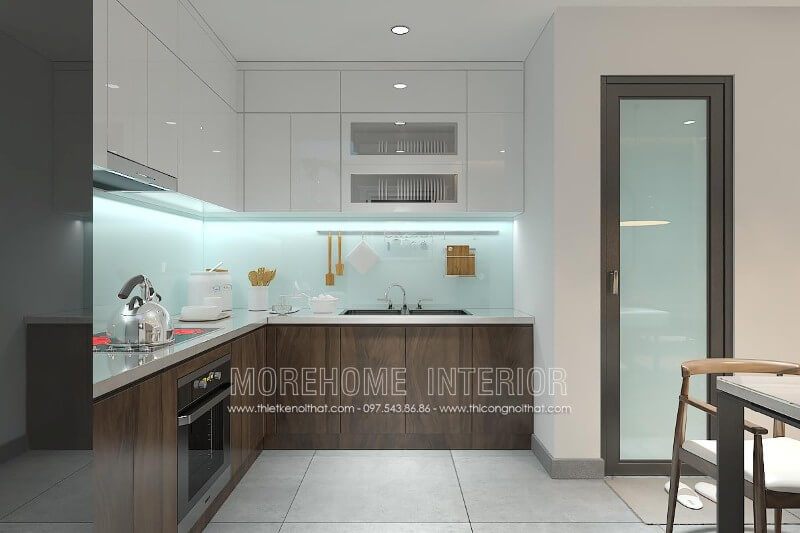 Tại nhà phố An Dương Vương, Tây Hồ, Hà Nội, chúng tôi đã thiết kế một tủ bếp gỗ công nghiệp.