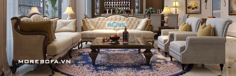 Sofa Tân cổ điển MS-018 gỗ tự nhiên bọc nỉ cao cấp nhập khẩu với các đường cong uốn lượn kết hợp với bàn trà, các vật dụng trang trí tao điểm nhấn cho phòng khách