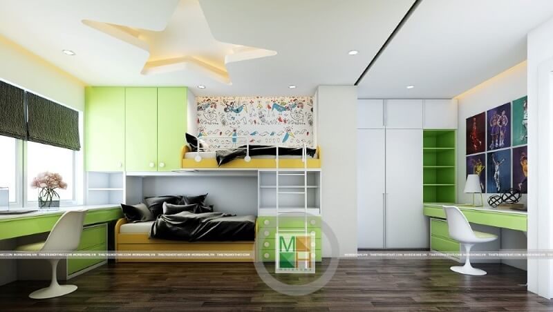 Thiết kế phòng ngủ trẻ em hiện đại với mẫu giường tầng gỗ tự nhiện kết hợp hệ tủ quần áo âm tường.