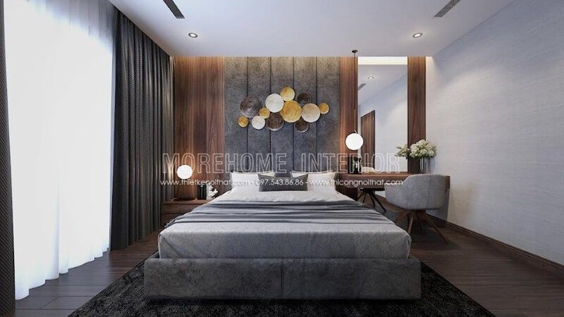 Gương ốp tường hình chữ nhật đơn giản nhưng lại đẹp mắt trong phòng ngủ hiện đại sử dụng sắc xám chủ đạo.